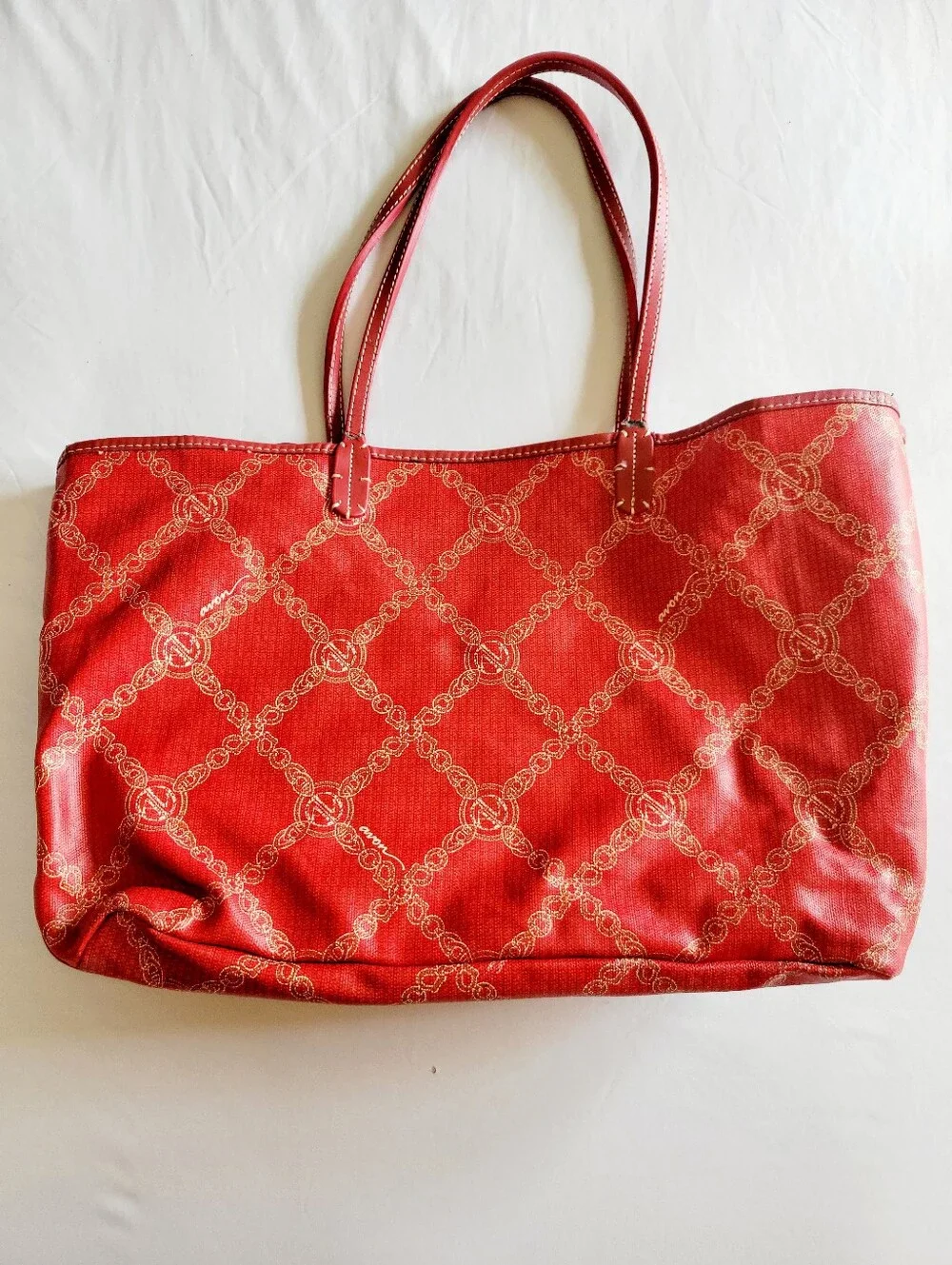 VTG Avon Red Canvas Chain Link Tote Bag & Matching Pouch Set